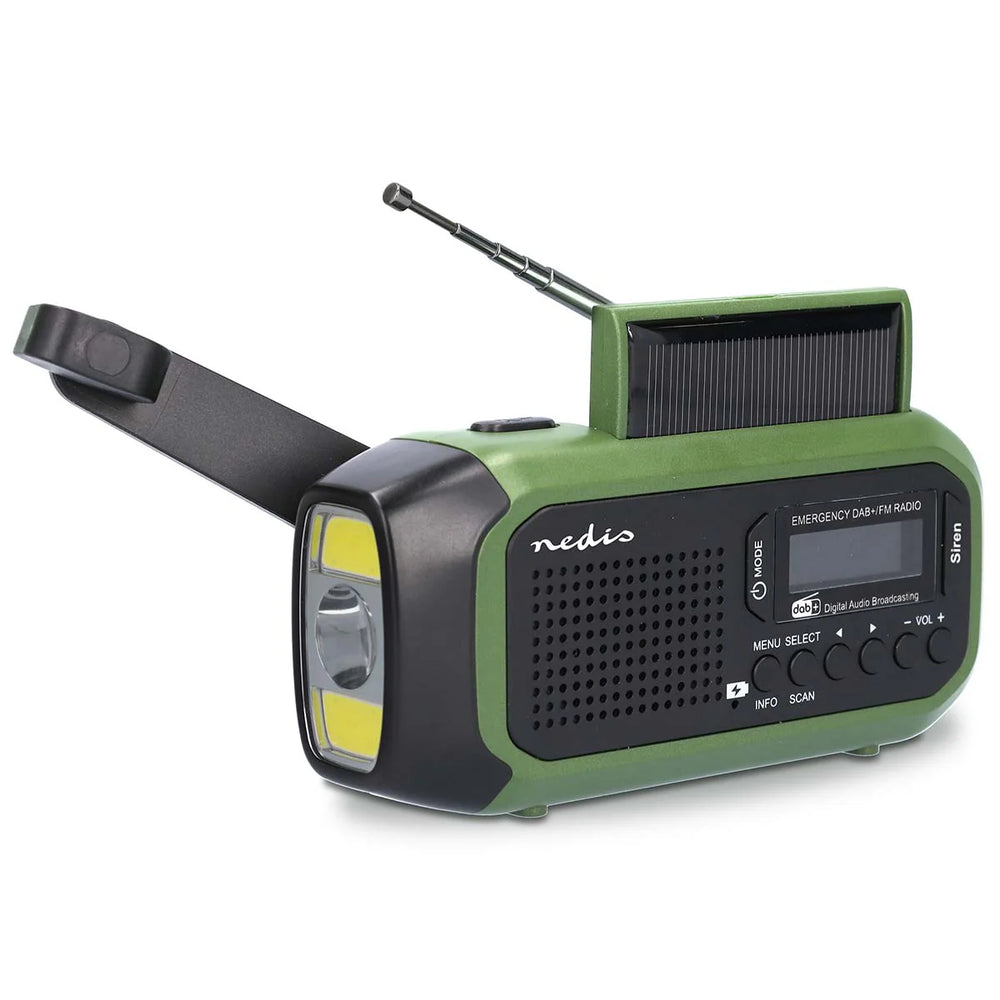 Nedis Noodradio - (DAB+ FM - Batterij Gevoed, Handslinger, Solar Powered, USB Gevoed, Wekker (groen/zwart)