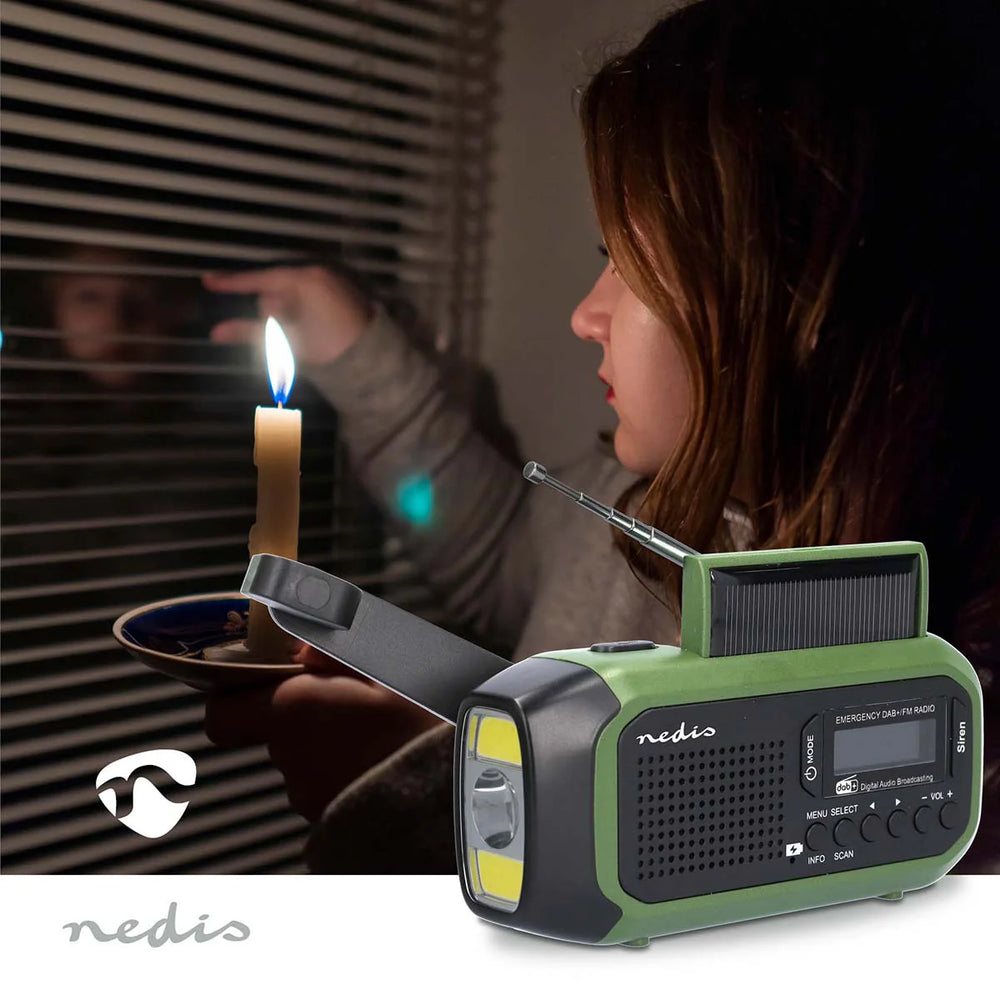 Nedis Noodradio - (DAB+ FM - Batterij Gevoed, Handslinger, Solar Powered, USB Gevoed, Wekker (groen/zwart)