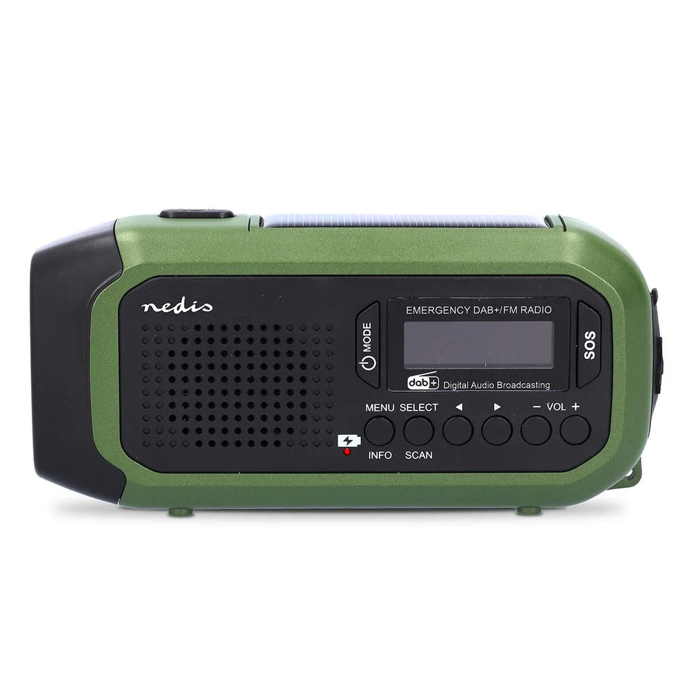 Nedis Noodradio - (DAB+ FM - Batterij Gevoed, Handslinger, Solar Powered, USB Gevoed, Wekker (groen/zwart)