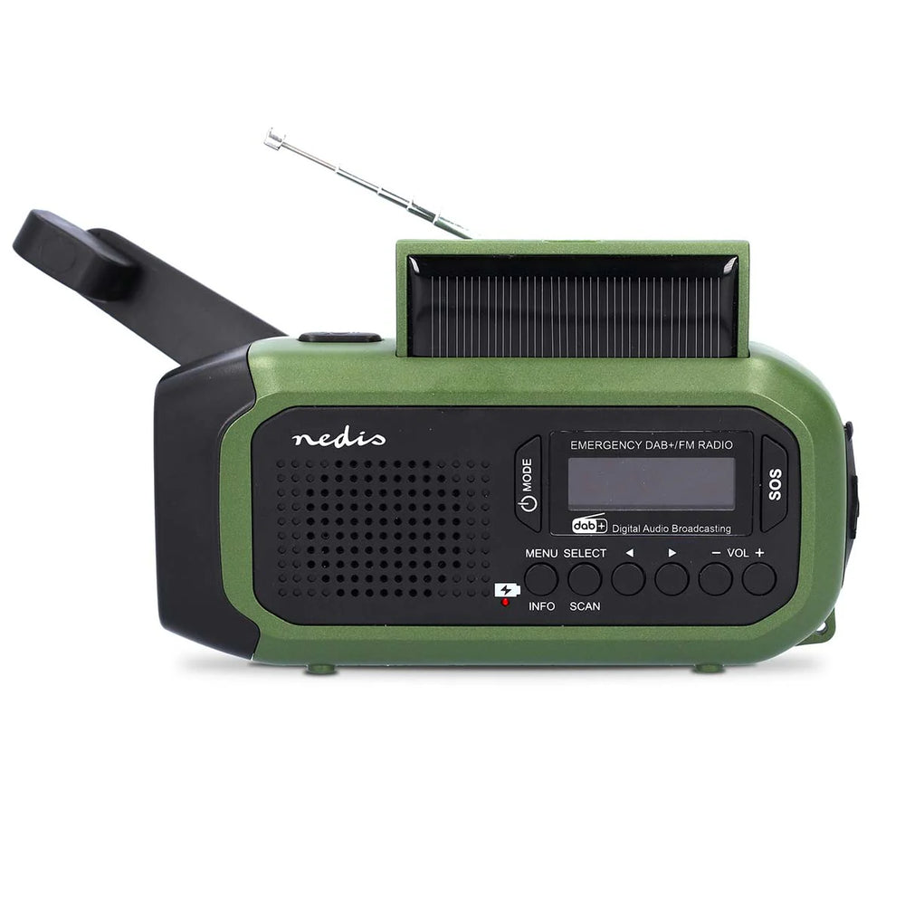 Nedis Noodradio - (DAB+ FM - Batterij Gevoed, Handslinger, Solar Powered, USB Gevoed, Wekker (groen/zwart)