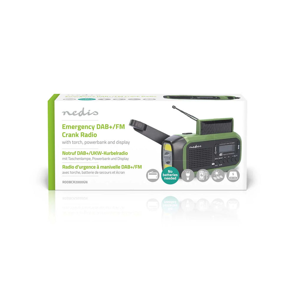 Nedis Noodradio - (DAB+ FM - Batterij Gevoed, Handslinger, Solar Powered, USB Gevoed, Wekker (groen/zwart)