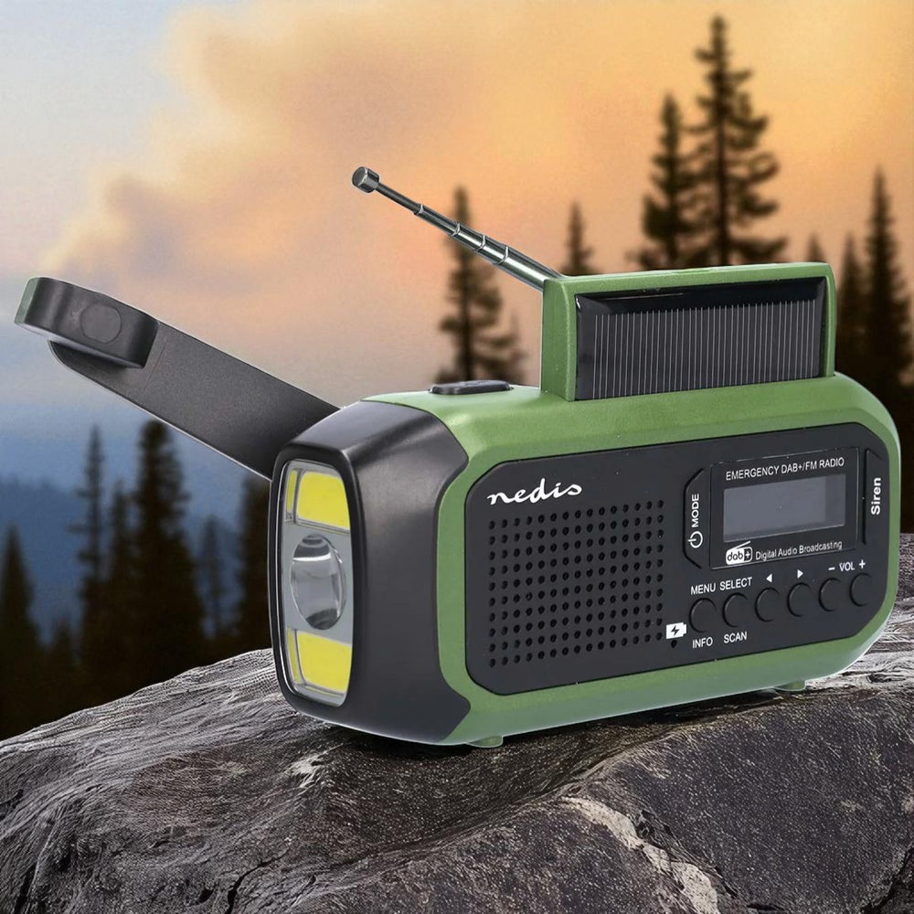 Nedis Noodradio - (DAB+ FM - Batterij Gevoed, Handslinger, Solar Powered, USB Gevoed, Wekker (groen/zwart)